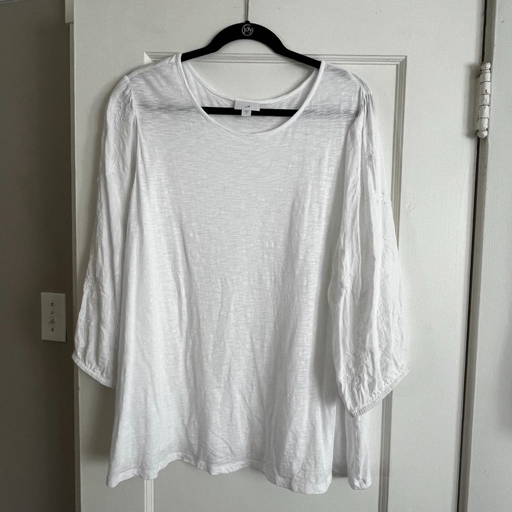 J. Jill Embroidered 3/4 Sleeve Mixed-Media Top in White